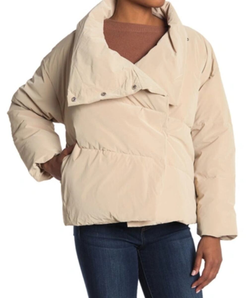 ELODIE Asymmetrical Zip Puffer Coat Insulated Funnel Neck Natural Womens Size M